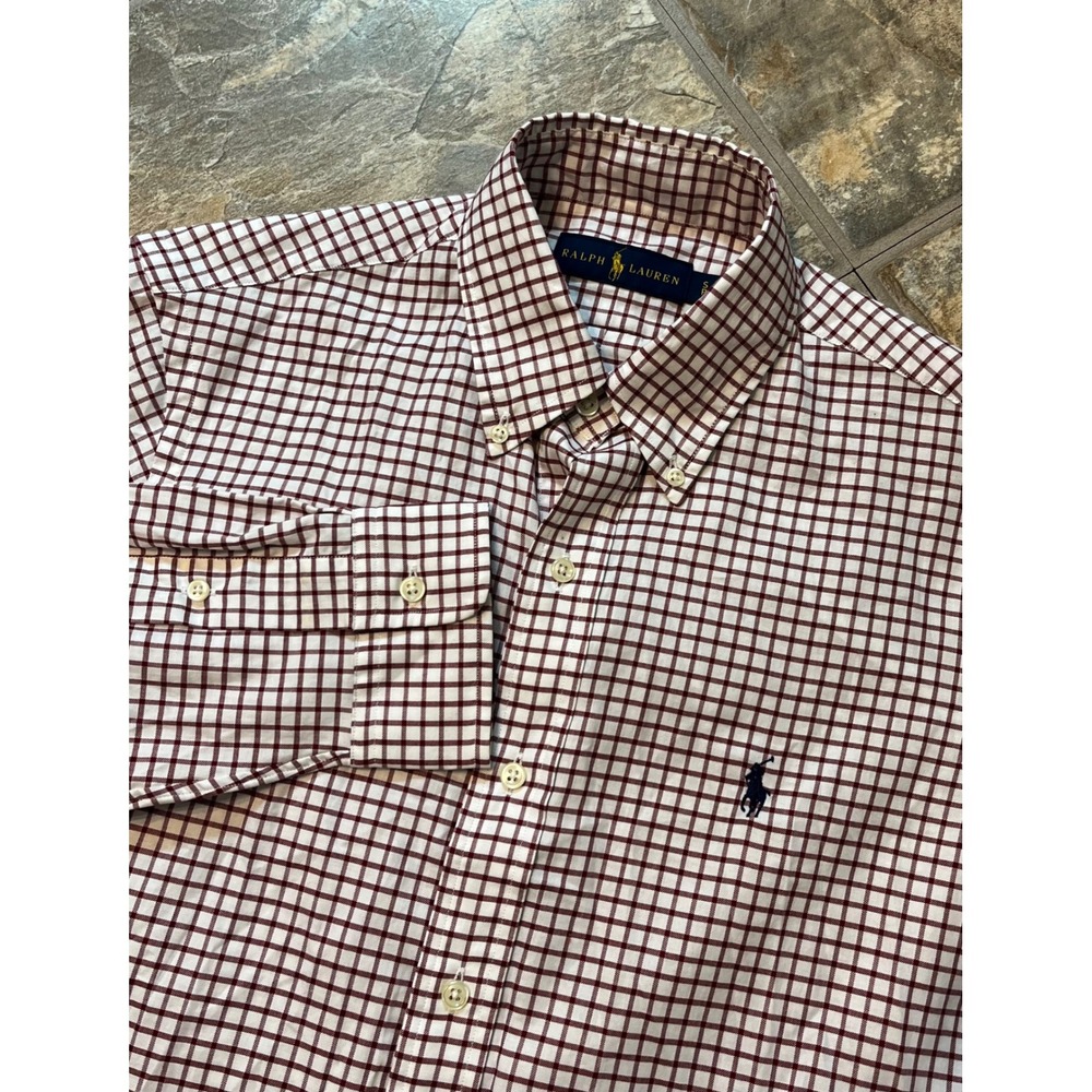 Ralph Lauren Button Down Shirt Mens Small Maroon White Check Tattersall Polo